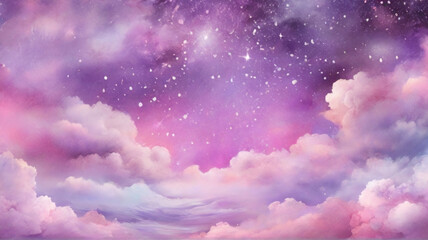 Kawaii Fantasy Pastel Colorful Sky with Clouds and Stars Background in Paper Cut and Paste Style	