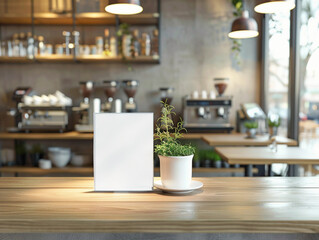 Marketing, design, and advertising mockup in cafe, blank white empty menu sign poster display paper on countertop 