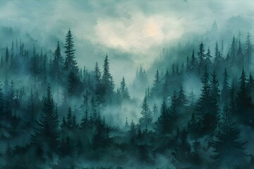 Misty Watercolor Woodland Depths. Concept Nature Photography, Watercolor Painting, Woodland Animals, Surreal Landscapes, Enchanted Forest - obrazy, fototapety, plakaty