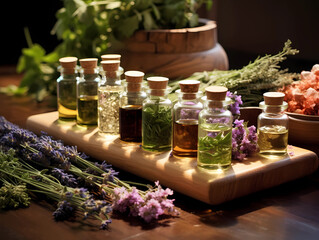 Selection of essential oils with herbs and herb flowers on a wooden board 