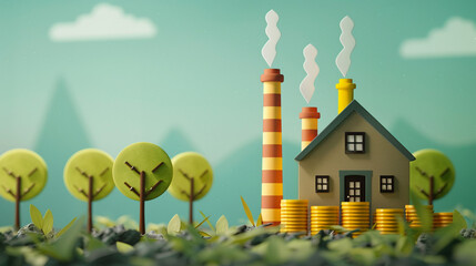 Visual metaphor of a home investment journey, with smokestacks representing industry and savings growth - obrazy, fototapety, plakaty