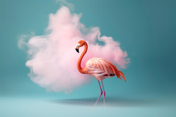 A vibrant pastel flamingo adorned with light blue and pink and feathers, surrounded by pastel colored smoke, in front of a light blue background