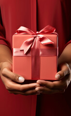 A close-up woman with red dress holding a red gift box with ribbon, elegant and romantic style, for the celebration of Valentine's Day or anniversaries.