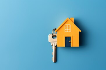 House key on a house shaped orange keychain resting on concept for real estate, moving home or renting property on indigo blue background and copy space.