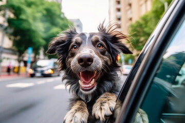 Happy dog sticking his head out of an open car window and stuck out his tongue. Its fur flutter in the wind as they travel down the road.