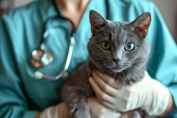 Close-up Veterinarian nurse with stethoscope holding a gray cat with her hands, during a health check at the pet clinic