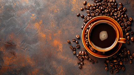 Cup of coffee and coffee beans on dark grunge background. Top view. Copy space