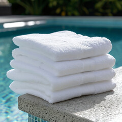 stack of clean white towels next to the pool of a hotel with towel and laundry service for customer service