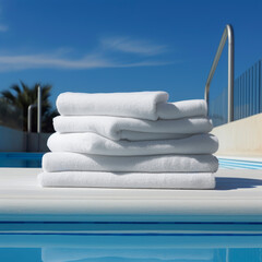 stack of clean white towels next to the pool of a hotel with towel and laundry service for customer service