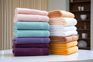 Stack of clean bath towels in bathroom or hotel countertop, elegant and nice colors