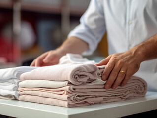 The hands of a laundry business owner meticulously folding freshly cleaned clothes placing it in a pile, washing and ironing service, the laundry industry