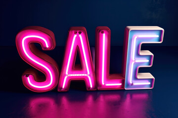 Glowing neon pink color sale hanging on a blue wall, shopping promotion. Seasonal offers and sales.
