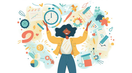 Illustration of a hand raising a certificate, surrounded by fireworks and joyful expressions of success