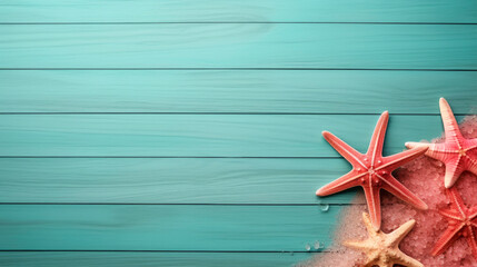 colorful beach theme, starfish and grains of sand background in teal and pink, minimalist background with varying wood grains on vibrant and lively. Summer and beach banner, copy space