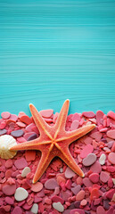 colorful beach theme, starfish and grains of sand background in teal and pink, minimalist background with varying wood grains on vibrant and lively. Summer and beach banner, copy space