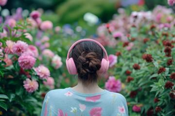 Young woman from the back, working in the garden with flowers wearing pink headphones. concept without stress. mental health. Slow life. Enjoying the little