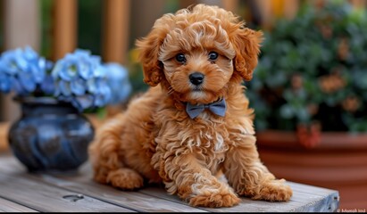 poodle puppy with a blue bow on his neck next to a vase with blue hydrangeas 
