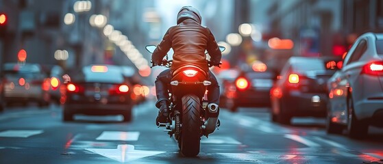 Urban Ride: Motorcyclist Navigating Through Evening Traffic. Concept Adventure Seeker, Motorcycle Enthusiast, City Commuter, Heavy Traffic, Evening Ride - obrazy, fototapety, plakaty