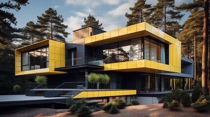 A contemporary house with a vibrant yellow facade, its modern architecture blending seamlessly with the surrounding landscape, radiating warmth and energy