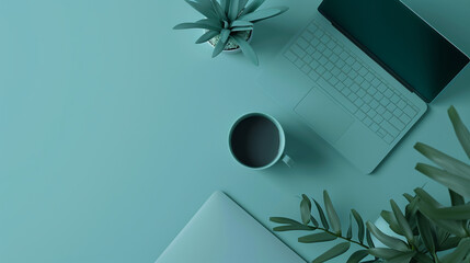 sleek flatlay with a laptop, a small plant and a coffee cup. Minimalist and photorealistic style,...