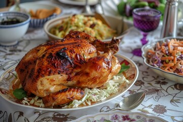 Rotisserie chicken dinner with coleslaw and traditional sides
