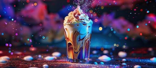 A colorful and vibrant image of a decadent iced coffee with whipped cream