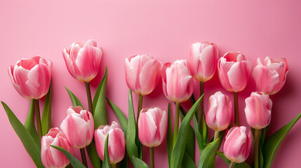 Pink tulip flower arrangement with pink background and copy space