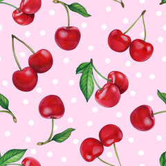 Watercolor hand drawn realistic cherry pattern