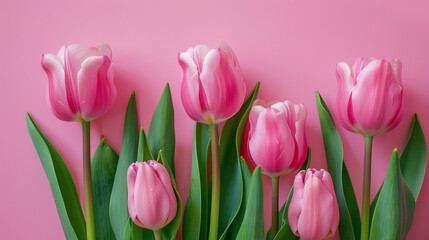 Pink tulip flower arrangement with pink background and copy space