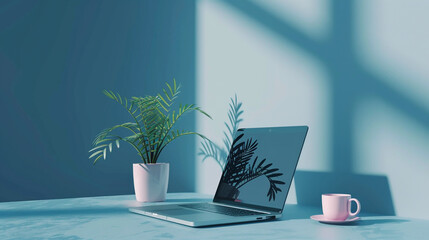 sleek flatlay with a laptop, a small plant and a coffee cup. Minimalist and photorealistic style,...