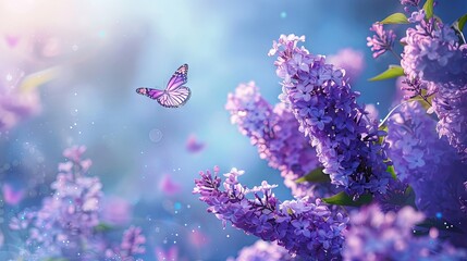 Floral spring natural blue background with fluffy airy lilac flowers on meadow and fluttering butterflies on blue sky background