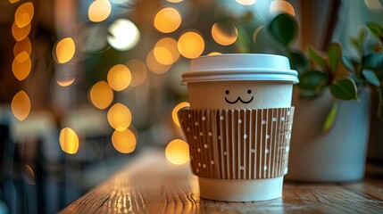 Smiling coffee cup on a table with bokeh background 