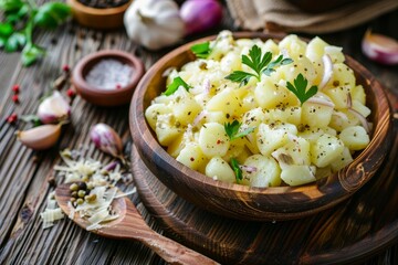 Rustic style potato salad with mustard seeds and creamy white filling