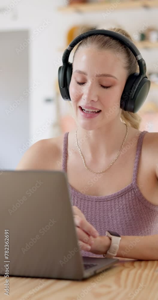 Poster Woman, freelancer and video call at cafe for virtual meeting, discussion and communication on her laptop. Startup or creative worker on computer and headphones for copywriting feedback at coffee shop