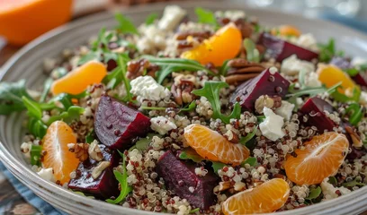 Fototapeten Salad with quinoa brown rice beets oranges rocket cheese and walnuts © The Big L