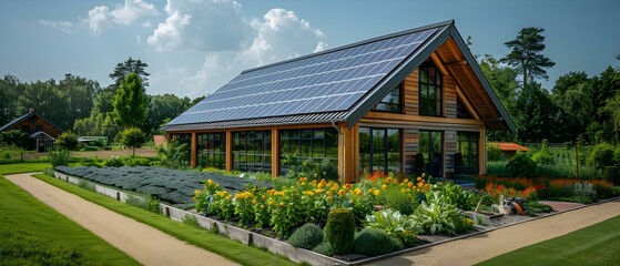 Sustainable Garden Oasis with Solar Power. Concept Eco-friendly Gardening, Sustainable Landscaping, Solar-Powered Living, Green Garden Retreat, Self-Sufficient Oasis - obrazy, fototapety, plakaty