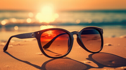 Sunset Glow through Sunglasses on Sandy Beach
