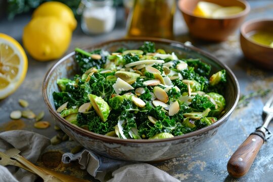 Salad with kale Brussel sprouts almonds and lemon dressing