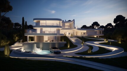 A contemporary mansion with an ivory exterior, set against a backdrop of rolling hills, combining grandeur with understated elegance in modern architectural design.