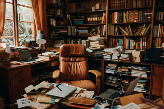 Home Office Workspace with Cluttered Desk, Papers, and Laptop, Illustrating the Concept of Work Chaos and Organization Struggles.