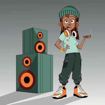 girl standing near the subwoofer girl in sportswear music girl rapper music black girl wearing headphones, vector illustration EPS10 
