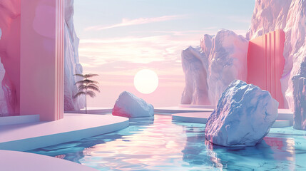 Surreal Pastel Iceberg Landscape at Sunset with Palm Trees