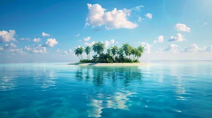 Gordijnen An illustration of a small tropical island with palm trees in the middle of the ocean. © weerasak