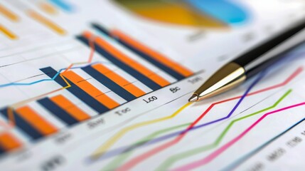 Colorful business graphs and charts with a pen. Corporate finance and strategy concept. Detailed paper print analysis for presentation and report - obrazy, fototapety, plakaty