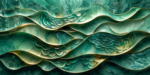 Green wave background, lines as jade and pearl vines forming a visually captivating wallpaper - obrazy, fototapety, plakaty