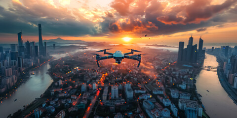 drone flying over city landscape. Bright daylight with clear skies - Powered by Adobe