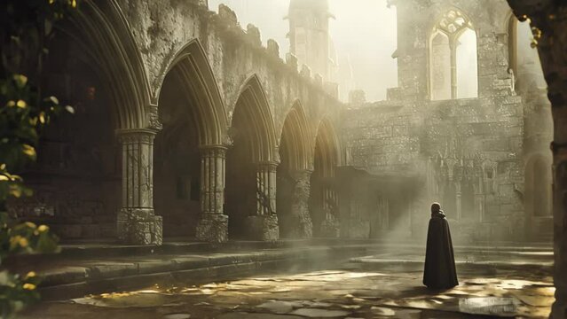 A captivating video showcasing a solitary monk standing in the timeless embrace of a medieval monastery's courtyard. Early morning mist swirls around ancient arches and spires