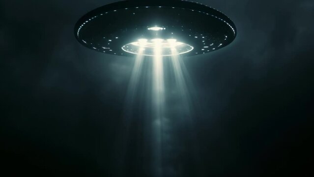 An alien flying saucer casts a mysterious light against the backdrop of twilight. The scene unfolds with an eerie glow, suggesting the start of an extraordinary encounter between worlds