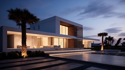 A sleek modern house with floor-to-ceiling windows, softly illuminated from within, casting a warm glow onto the surrounding landscape as dusk settles