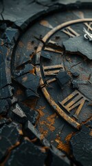 Shattered Clock Dial in HDR, Close-Up View of Broken Pieces Showing Intricate Details of Timepiece Dismantlement Concept.